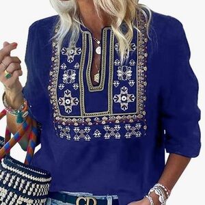 🌌Aleumdr Womens Lg V Neck Boho Print Embroidered Shirts Loose 3/4 Sleeve Top